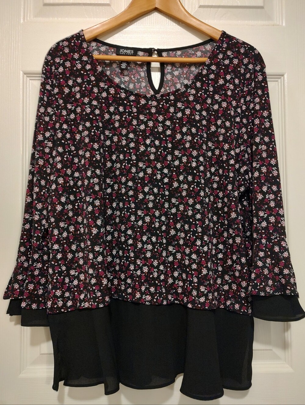 Jones New York Black Floral Layered Chiffon Blouse with Pink & White Accents